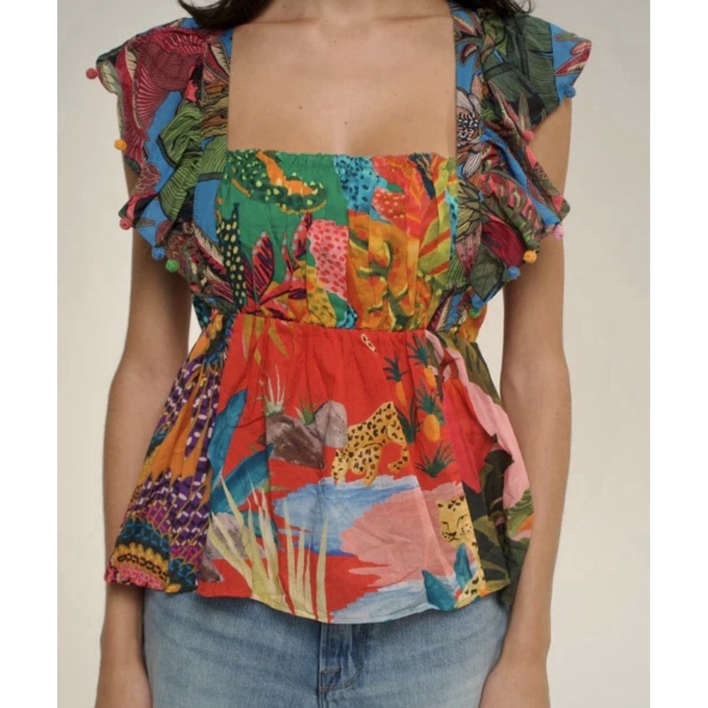 Farm Rio Mixed Print Tie Back Top – Tropical Floral Cotton Blouse Size XL